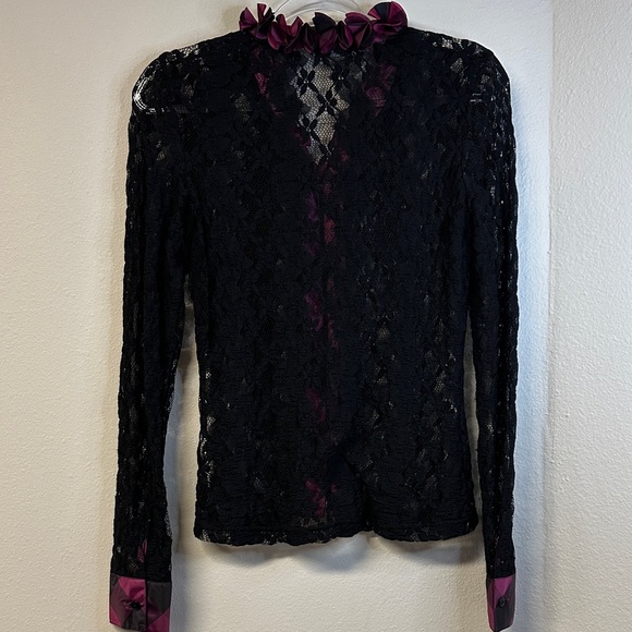 Samuel Dong Black Lace Taffeta Ruffle Zip Front Jacket Top Size S - Picture 5 of 7